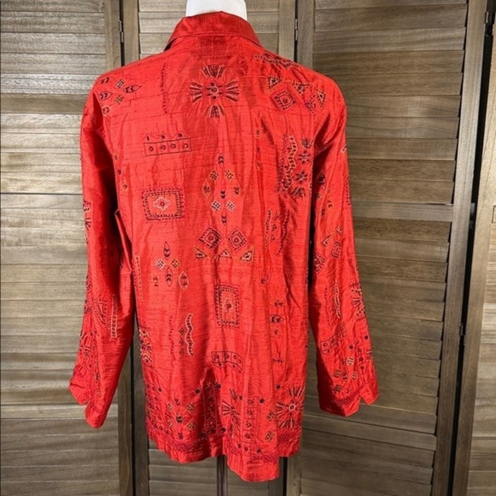 Chicos Design Red Silk Embroidered Beaded Button Down‎ Shirt Womens Size 3 Large - Picture 5 of 9